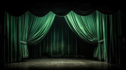 Stage with green curtains and spotlight. Generative AI.