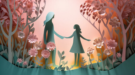 Mothers and Daughters - A Mother and Daughter Hold Hands as They Walk Through a Pastel Colored Flower Garden - Paper Cutout Paper Craft - Mothers Day Theme - Generative AI