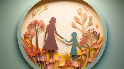 Obraz na płótnie Canvas Mothers and Daughters - A Mother and Daughter Hold Hands as They Walk Through a Pastel Colored Flower Garden - Paper Cutout Paper Craft - Mothers Day Theme - Generative AI