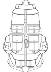 mountain bag traveling adventure trekking backpack flat sketch vector illustration technical cad drawing template