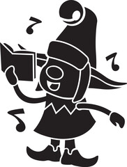Black and White Cartoon Illustration Vector of a Christmas Elf Singing