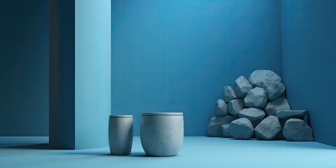3d rendering of a blue room with stones and abstract rocks, pots, and pedestals. Teal wall background.