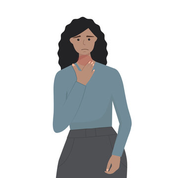 The girl holds her throat, sore throat, odenoids, discomfort in the throat. Medical infographic. Flat vector illustration.