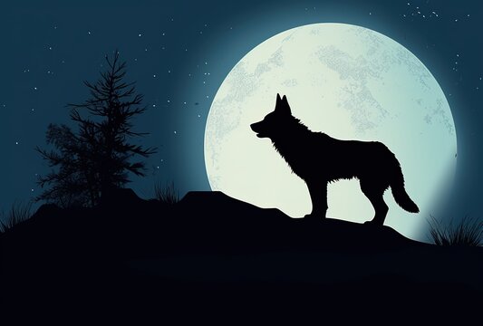 a silhouette of a wolf standing on top of a hill with the moon at the background. Generative AI.