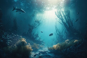 Sea deep or ocean underwater with coral reef as