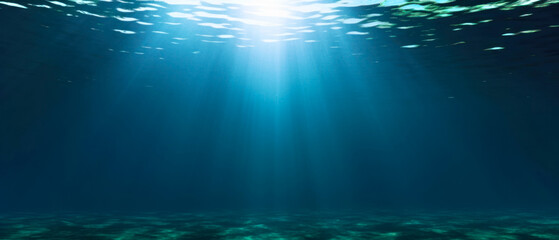 Underwater scene with sunrays light protruding from above the water surface. 21:9 aspect ratio. Generative AI