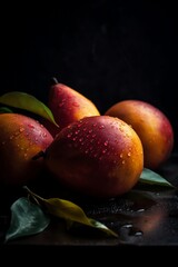 Fototapeta na wymiar Four mangoes with water drops on a black background - Generative AI