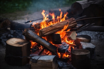 Wood fire prepared for barbecue. Flames and Burning coals  Generative AI