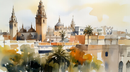 Obraz premium Views of sevilla watercolor sunny day, details. visti, vacations, travel. spain. made with ai