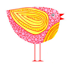 Cute pink chicken. Watercolor illustration, postcard.