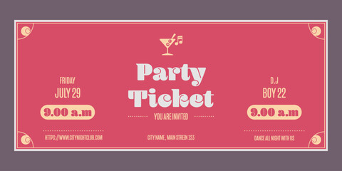  Event ticket template. For discos, parties, concerts and other events. Vector, can be used for web and print.