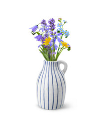 Elegant ceramic vase with wildflowers bouquet isolated on white background - obrazy, fototapety, plakaty