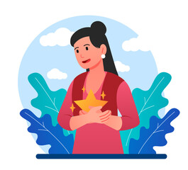 Discovering self concept. Psychology, mental health and awareness. Woman hugging star, metaphor for self love and acceptance. Girl revealing talents and skills. Cartoon flat vector illustration