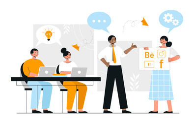 Discussion social networks. Men and women explore content for social media and instant messengers. Analytics team brainstorming. Chat and dialogue. Cartoon flat vector illustration