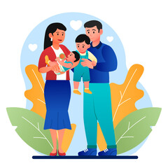 Family with kids. Man and woman hold babies in their arms, mom and dad. Two generations. Couple standing and holding small toddler infant newborn. Cartoon flat vector illustration