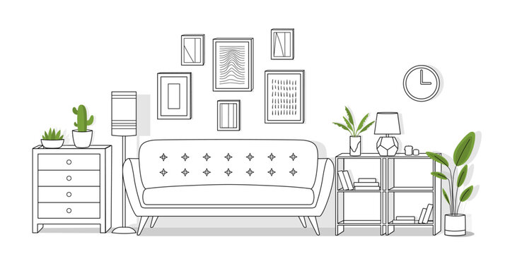Living room line. Modern interior and furniture. Plants on bedside table next to sofa. Minimalistic creativity and art. Pictures and clocks on wall. Cartoon flat vector illustration