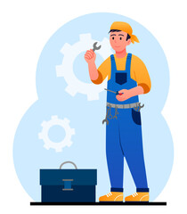Mechanic at workplace. Man in uniform with tools. Auto repairman and locksmith with screwdrivers and wrenches. Maintenance service and occupation. Cartoon flat vector illustration