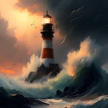 Drawn art from the motive of a lighthouse with enormous waves crushing on the shore