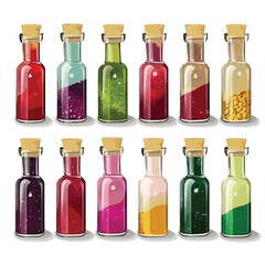 Obraz na płótnie Canvas Potion in glass bottle set vector illustration isolated on white