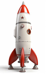 Red and white classic rocket, great for storytelling about space adventures and exploration.
