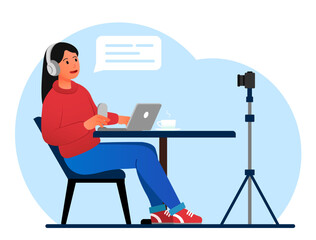 Fototapeta na wymiar Podcaster woman concept. Woman sits with microphone at laptop and creates interesting content. Live radio show host. Office room or studio, blogger speaking at stream. Cartoon flat vector illustration