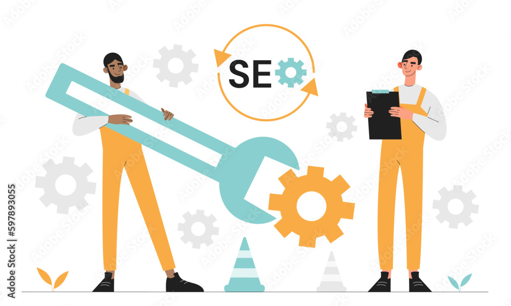 Poster search engine optimization. men standing near large wrench with gears. experts and specialists promo