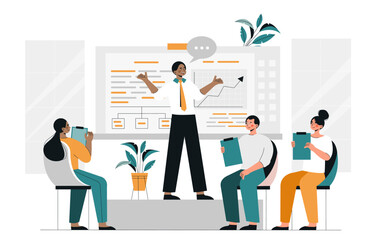 People at seminar. Man on background of presentation tells information to audience. Public speaking and speaker, teacher and students. Statistics, graphs and charts. Cartoon flat vector illustration