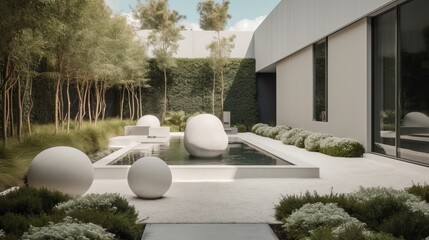 A clean-lined modern garden with a monochromatic color palette and statement sculptures. AI generated