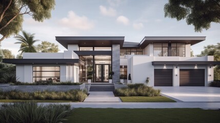 A contemporary design featuring clean white stucco and metal accents. AI generated