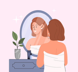 Facial care concept. Woman stands with cosmetics near mirror. Beauty and aesthetics. Hygiene, cleanliness and routine, spa procedures. Skincare with cream and spray. Cartoon flat vector illustration