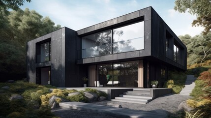 Fototapeta premium A contemporary design with a dramatic black facade. AI generated