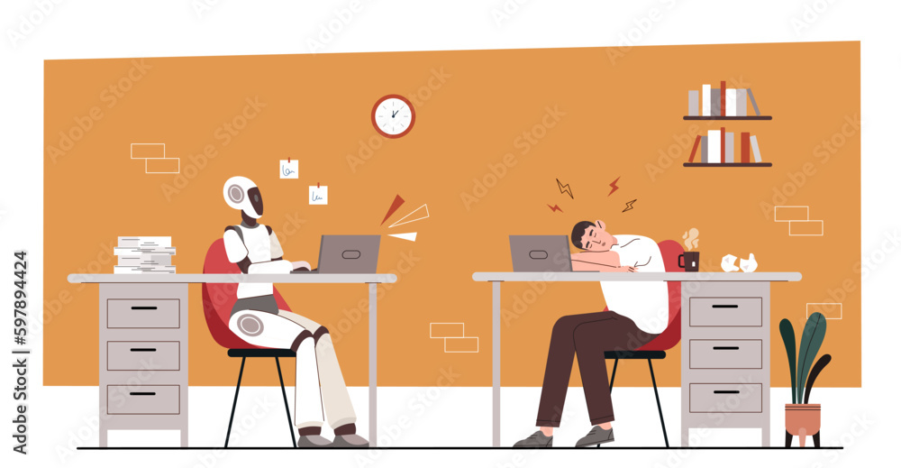 Poster robot against man. comparison of artificial intelligence and employee. innovations and modern techno