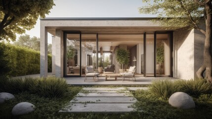 A fresh and inviting facade with soft edges and natural elements. AI generated