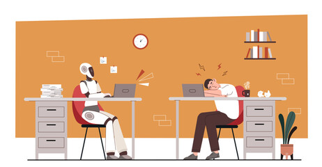 Robot against man. Comparison of artificial intelligence and employee. Innovations and modern technologies. Smart AI and person thinking and solving problems. Cartoon flat vector illustration