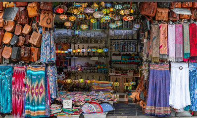 Frame of an Arab bazaar in Granada (Spain) with souvenirs, colored lamps, clothes and bags