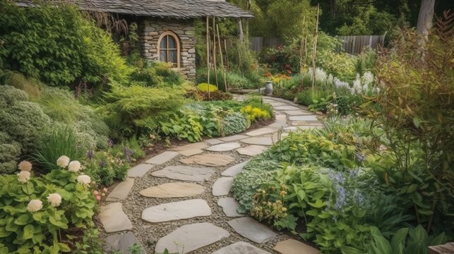 A gently winding stone pathway on one edge of the garden leading to a secret sitting area. AI generated