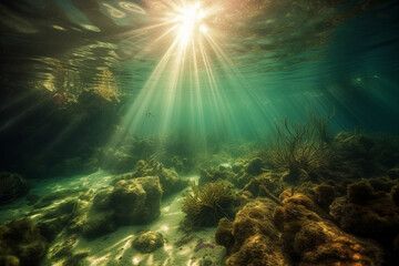 Fototapeta na wymiar Sunlight rays underwater generative AI