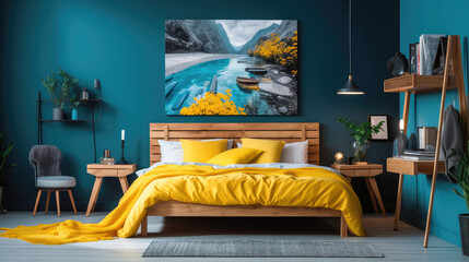 Cozy interior of the bedroom is yellow with blue walls. Bedroom in Scandinavian style. Generative AI