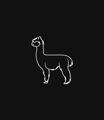 Alpaca Silhouette on Black Background. Lama line art illustration. Isolated Vector Animal Template for Icon, Logo Company, Symbol etc