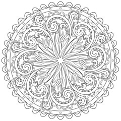 Colouring page, hand drawn, vector. Mandala 165, ethnic, swirl pattern, object isolated on white background.