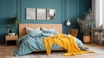 Cozy interior of the bedroom is yellow with blue walls. Bedroom in Scandinavian style. Generative AI