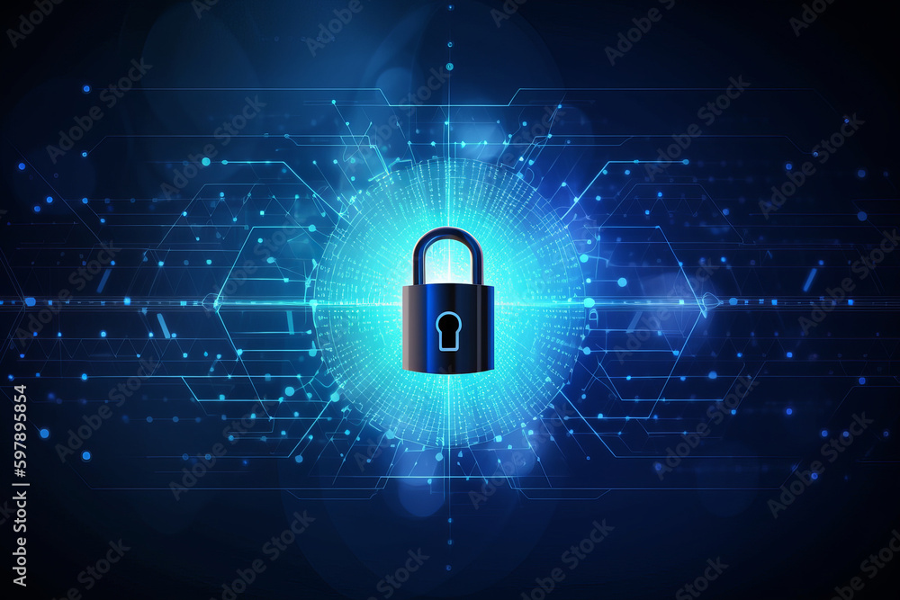 Poster lock symbol of security and cyber security concept. protection against thieves, cyber attacks, fraud