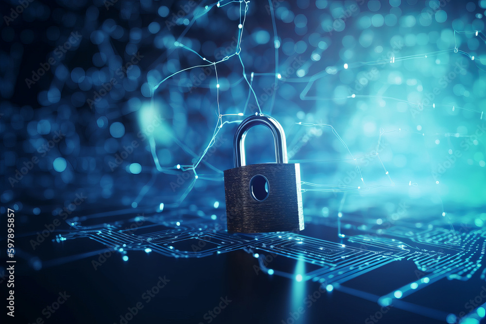 Poster lock symbol of security and cyber security concept. protection against thieves, cyber attacks, fraud