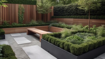 A modern garden with geometric raised beds and minimalist outdoor furniture. AI generated