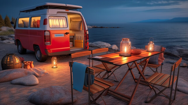 A camper van parked next to the ocean at night. AI generative.