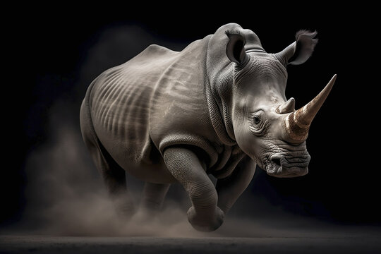 Rinoceronte blanco corriendo,fondo negro. Ilustración de IA generativa