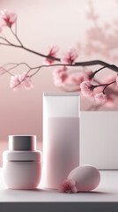Various glass bottles and jars filled with beauty products, pink background with almond blossoms, AI generative.