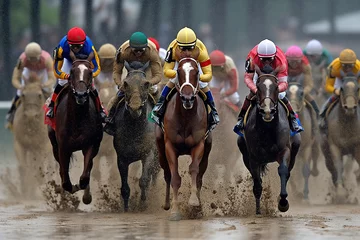 Foto op Canvas A group of jockeys riding horses down a muddy track created with Generative AI technology © Nedrofly