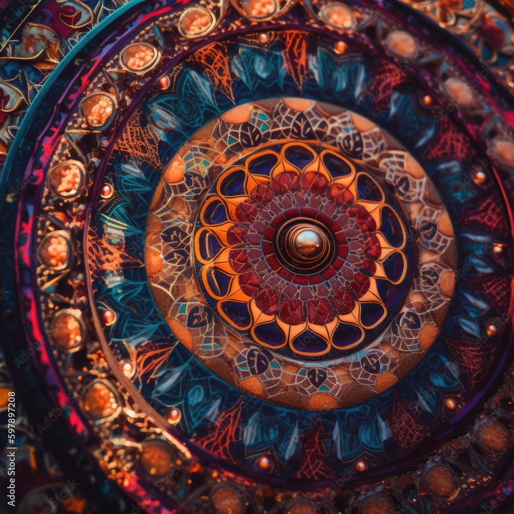 Poster a close up of a colorful circular object. ai generative image.