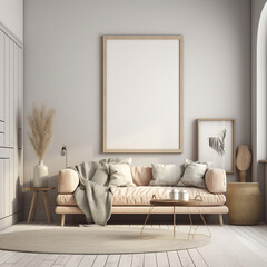 Frame mockup, cozy living room, modern nursery interior. Generative AI.